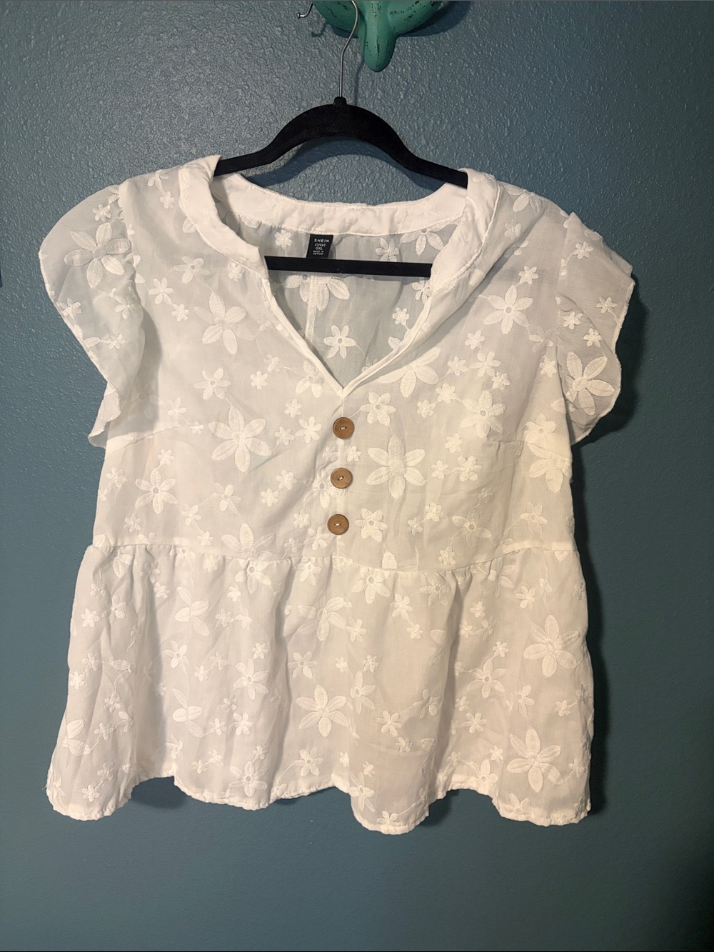SHEIN White Embroidered Eyelet Peplum Blouse with Wooden Buttons